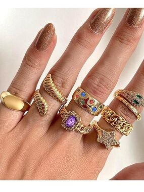 Anthropologie Gold-Tone Multigem & Amethyst Stackable Ring Set
